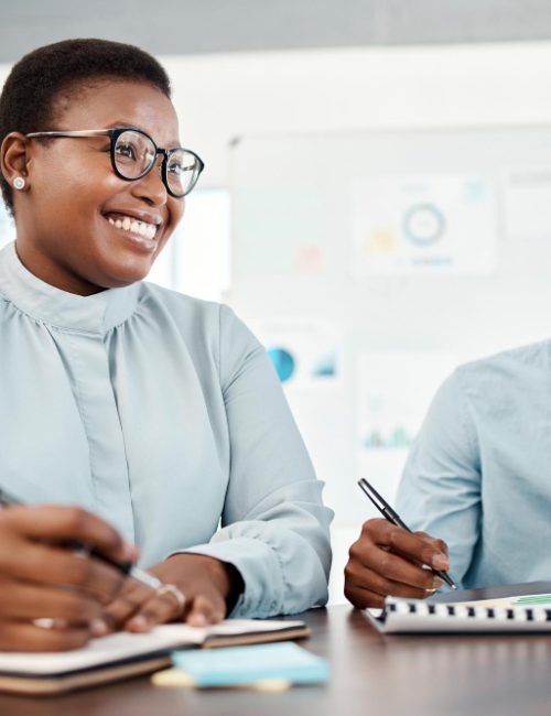 black-woman-man-writing-with-planning-strategy-development-company-growth-advertising-meeting-business-people-with-teamwork-business-meeting-b2b-support-startup-project-idea